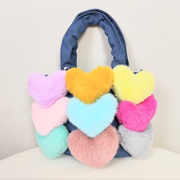 Girl's Fluffy Heart Purse Crossbody Denim Bday Xmas Plush Bag Multi Girly Fun - Picture 1 of 10